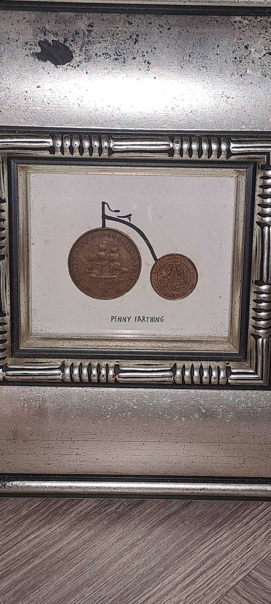 Art work of 1948 SA penny and SA 1943 SA 1/4 penny framed