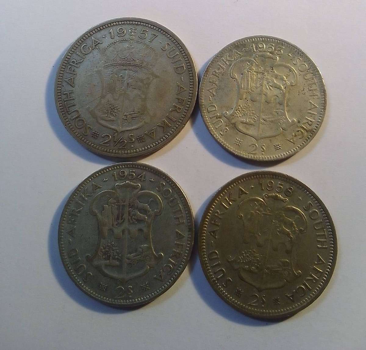 Union of SA 1953, 54, 57 2/- coins plus 1958 2 1/2 /- silver coins