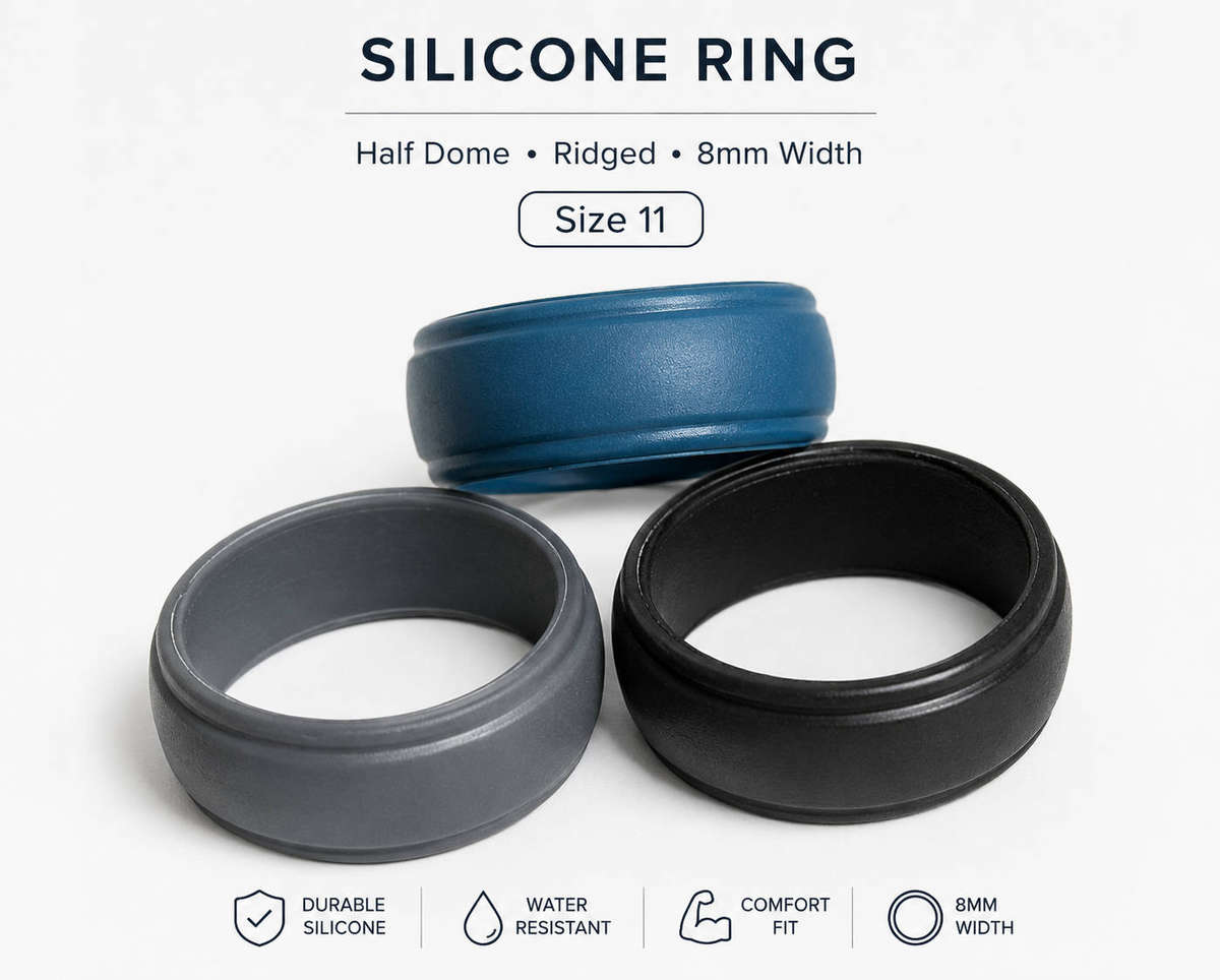 Silicone Rings 3pcs, comfort fit, waterproof, 8mm width, size 11, half-dome shape