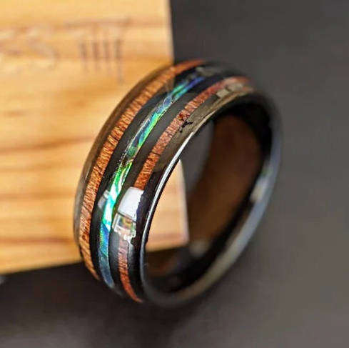 Mens Wood & Abalone Inlay Black Ceramic Ring  Size 11 (VW)