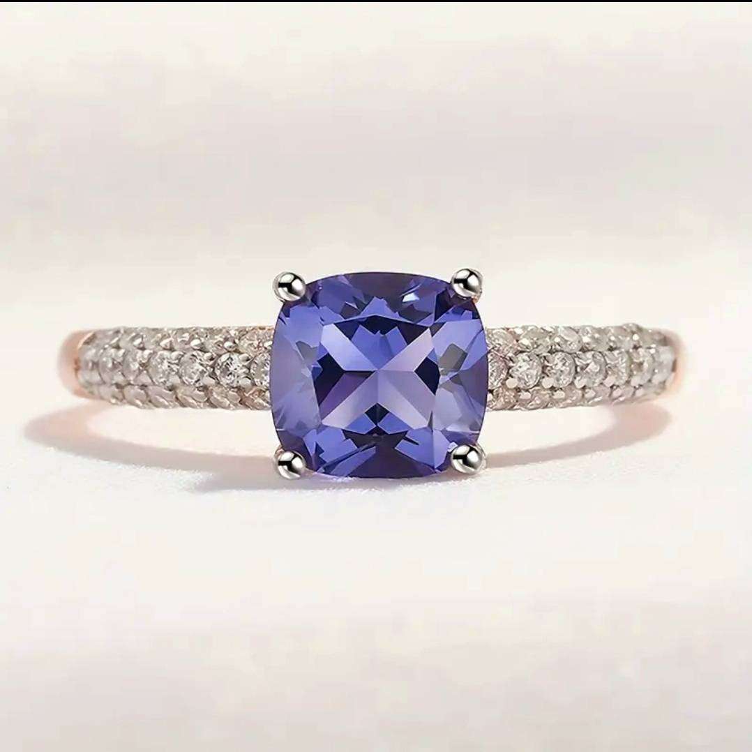 2.36ct Cr. Tanzanite Cushion Cut Rose Gold & Sterling Silver Ring. Size 10/U