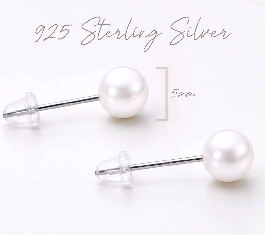 Genuine 925 Sterling Silver 5mm White Faux Pearl Stud Earrings