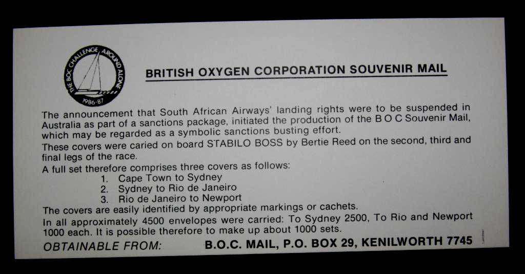 Bertie Reed Solo Round the world Souvenir signed mail cover.