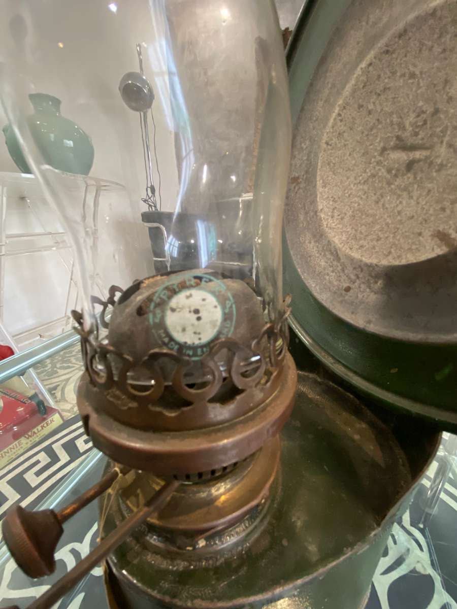 Antique double wick wall lamp by Atlas Company with Pyrex glass