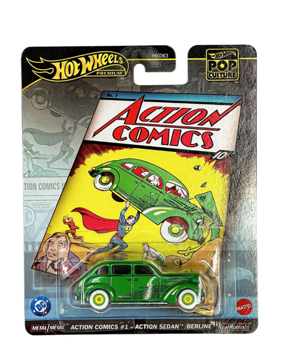The car as seen in ACTION COMICS no 1 SUPERMAN 1st appearance Hotwheels 1:64 scale POP mint on card