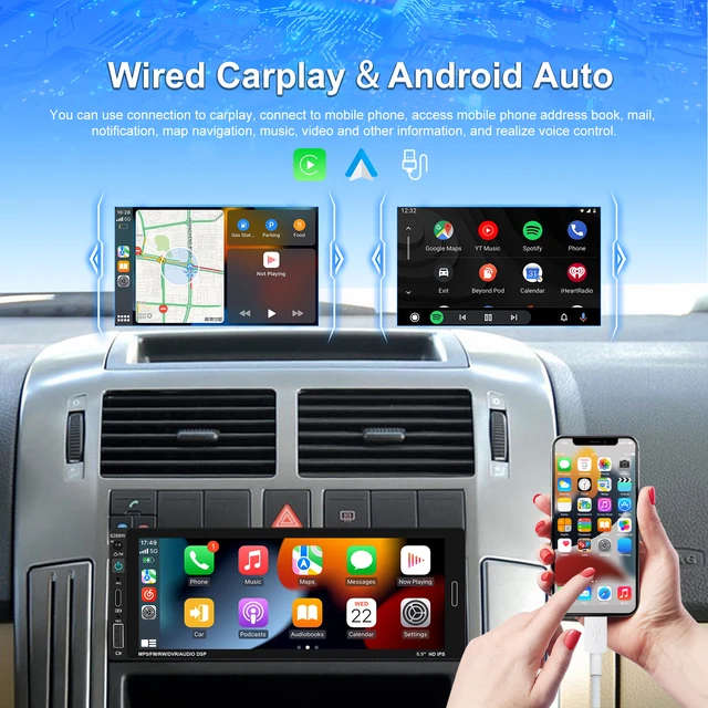 Podofo 6.86 Inch 1Din Car MP5 Player Touch Screen Carplay Android Auto BT/USB FM AUX Rear View Cam