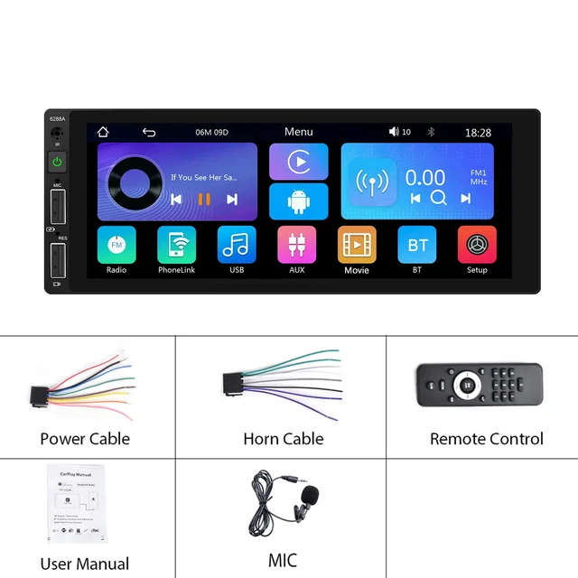 Podofo 6.86 Inch 1Din  Touch Screen Wireless Carplay Android Auto BT/USB FM AUX Rear View Cam