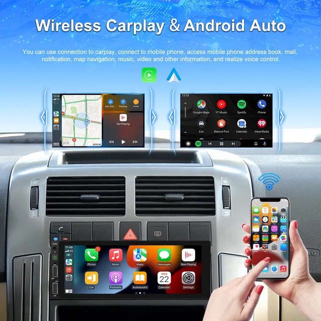 Podofo 6.86 Inch 1Din  Touch Screen Wireless Carplay Android Auto BT/USB FM AUX Rear View Cam