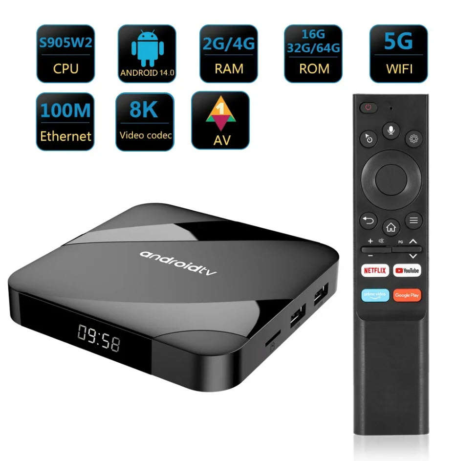 Latest Gen Android 14 8K TV98 with 2GB Ram TV Box & ATV OS,  S905W2 Cpu Dual Band WiFi, BT5.2