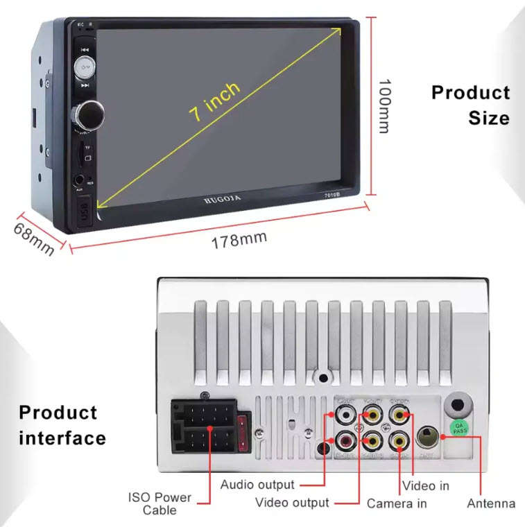 7" Double 2 DIN Car Stereo Radio MP5 Touch Screen Bluetooth FM USB + Rear Camera