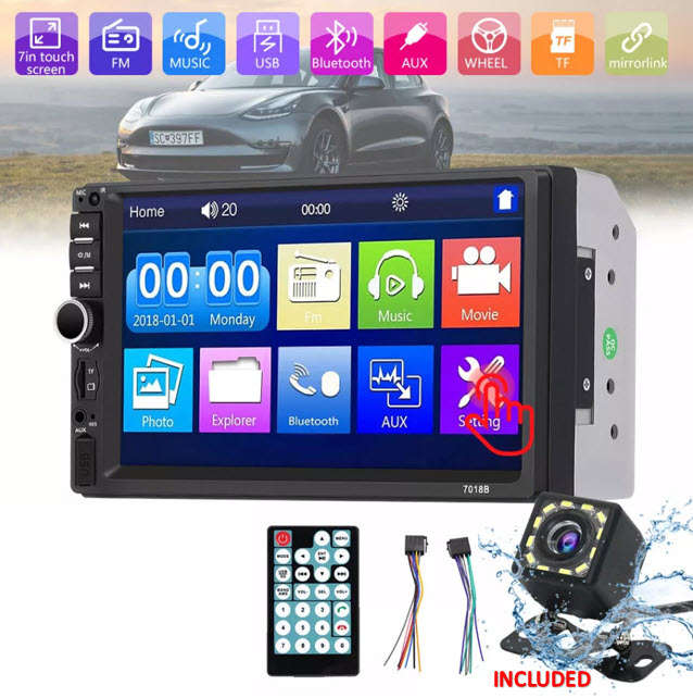 7" Double 2 DIN Car Stereo Radio MP5 Touch Screen Bluetooth FM USB + Rear Camera
