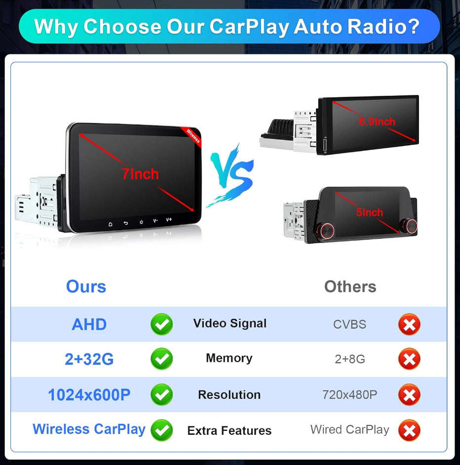 7 Inch single Din Android 13 OLED Touch Screen Radio, Supports Android Auto, Carplay