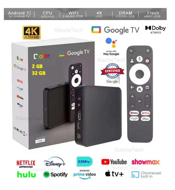 D Color GD2 Android 12 Google Netflix Certified Google TV Box OS Supports 2GB 32GB Storage
