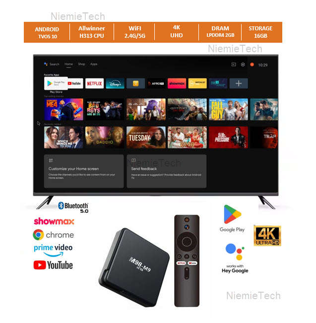 M98-M9 Smart TV Box. Google AI Assistant, 16GB Storage, 2GB DDR3 Ram