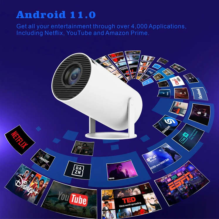 HY300 Smart Portable Projector Android 11.0 System 120 Lumen Wi-Fi 6E