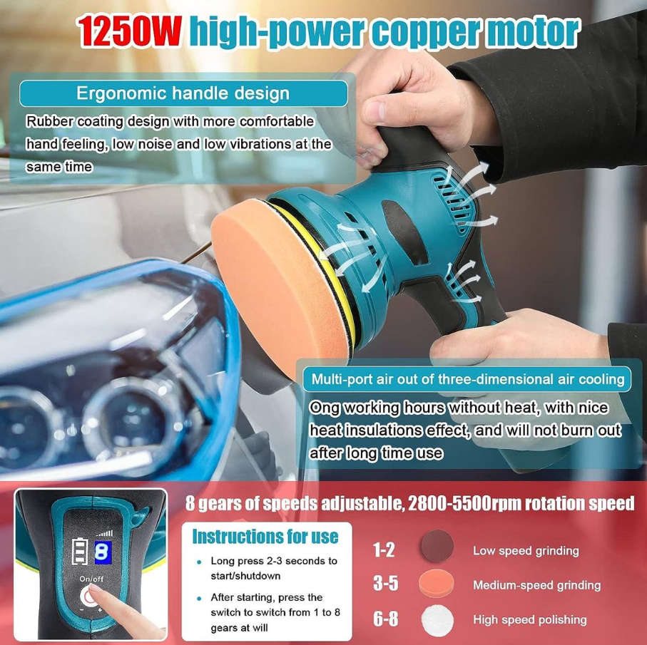 Cordless Eccentric Car Polishing Machine 8 Speed Levels Adjustable 1250W