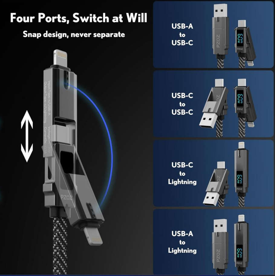 4-in-1 Charger Data Cable + LED Power Digital Display | 100W | PD Fast Charge