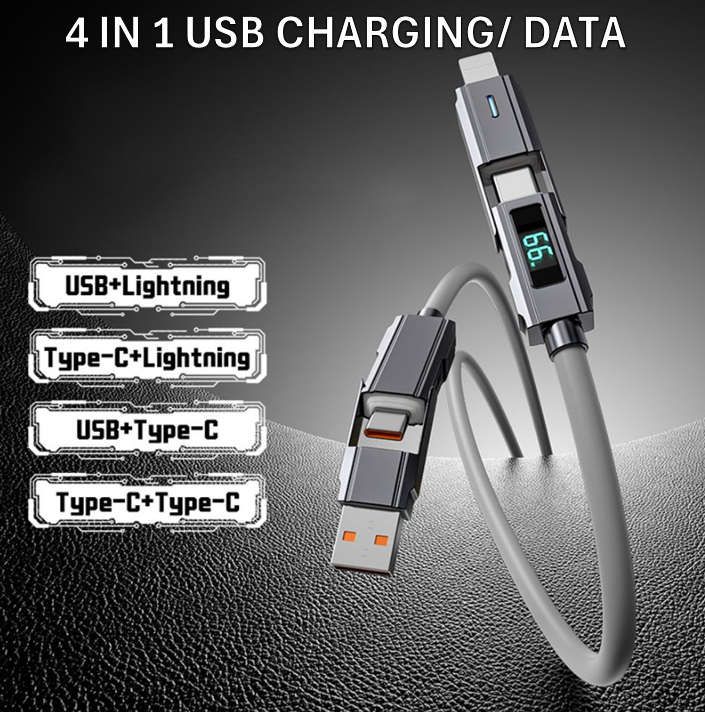 4-in-1 Charger Data Cable + LED Power Digital Display | 100W | PD Fast Charge