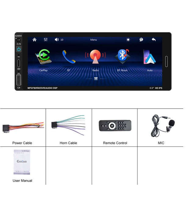 Podofo 6.86 Inch 1Din Car MP5 Player Touch Screen Carplay Android Auto BT/USB FM AUX Rear View Cam