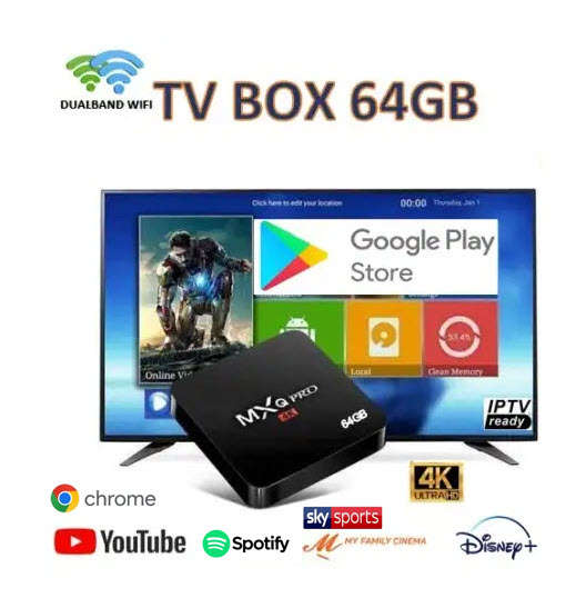 64GB PLUG AND PLAY  4GB Ram Android 12.1 Tv Box