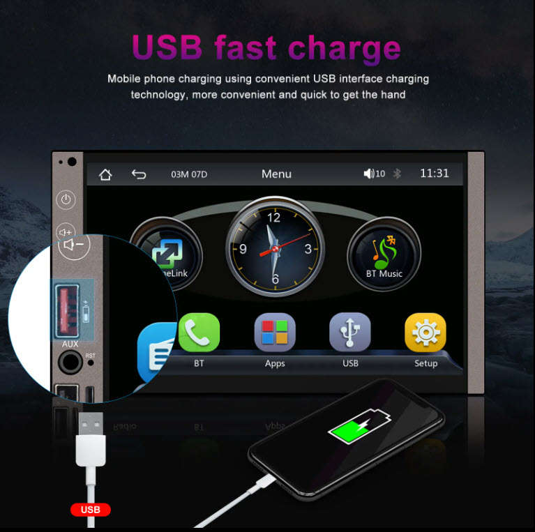 Podofo 7Inch Touch Double Din Wireless Android Auto Carplay Radio BT FM AM USB Type-C & DVR Function