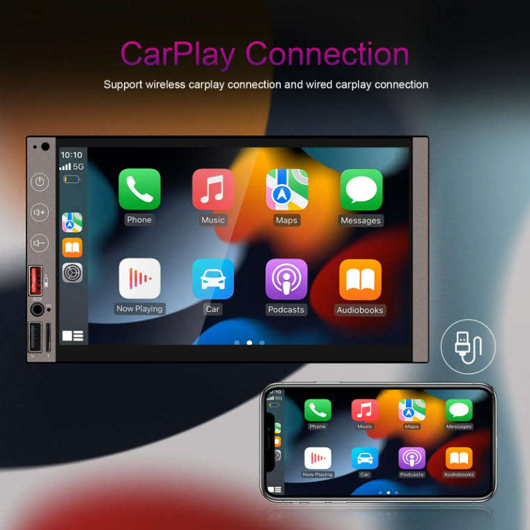 Podofo 7Inch Touch Double Din Wireless Android Auto Carplay Radio BT FM AM USB Type-C & DVR Function