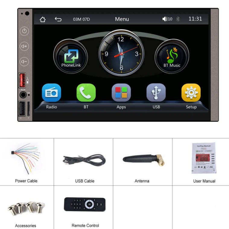 Podofo 7Inch Touch Double Din Wireless Android Auto Carplay Radio BT FM AM USB Type-C & DVR Function