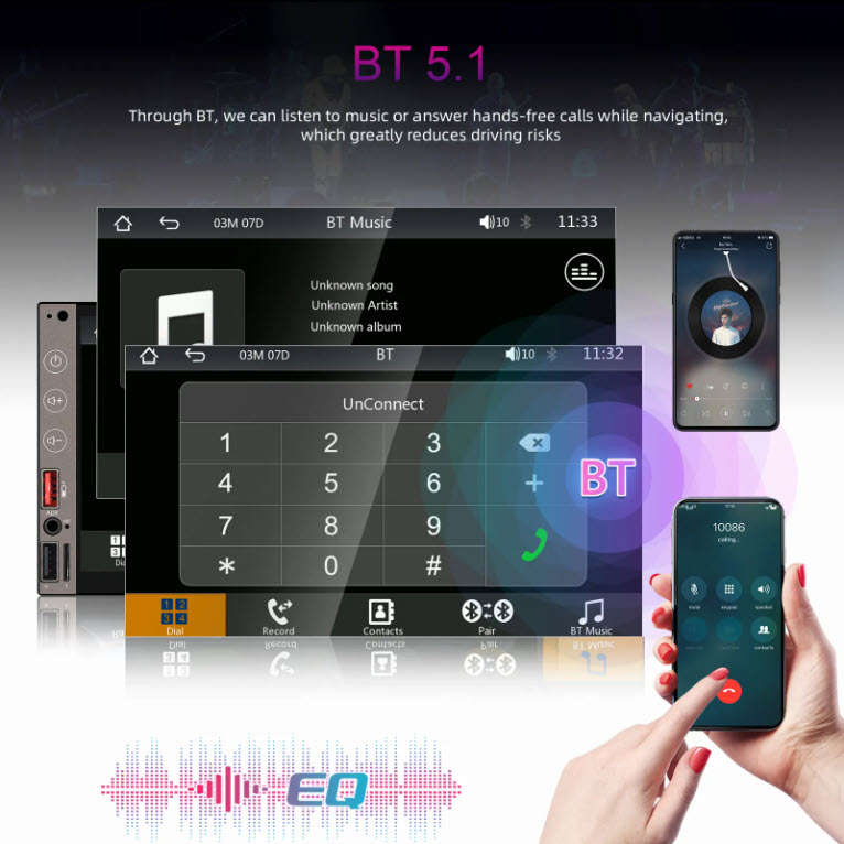 Podofo 7Inch Touch Double Din Wireless Android Auto Carplay Radio BT FM AM USB Type-C & DVR Function