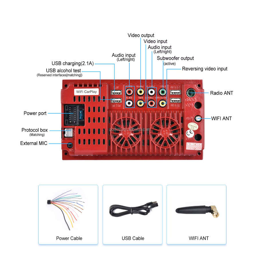 Podofo 7Inch Touch Double Din Wireless Android Auto Carplay Radio BT FM AM USB Type-C & DVR Function