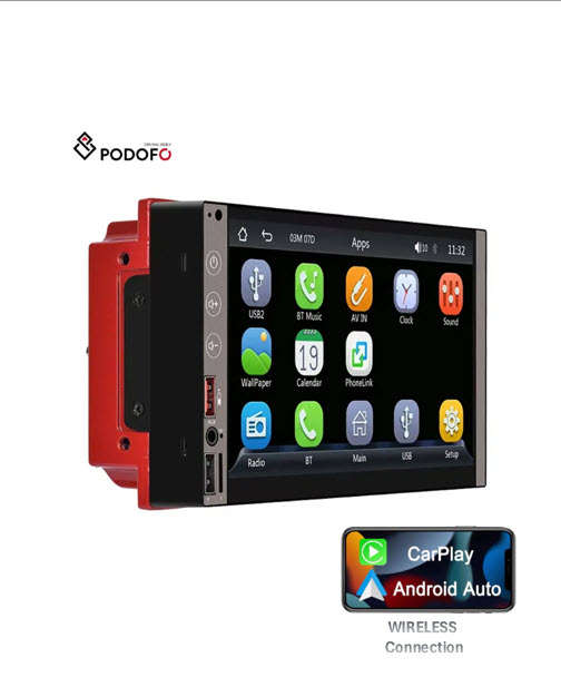 Podofo 7Inch Touch Double Din Wireless Android Auto Carplay Radio BT FM AM USB Type-C & DVR Function