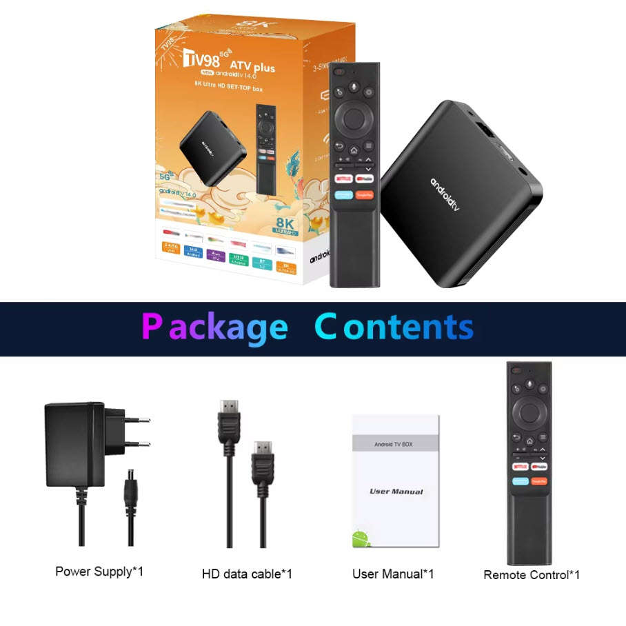 Latest Gen Android 14 8K TV98 with 2GB Ram TV Box & ATV OS,  H313 Cpu Dual Band WiFi, BT5.2