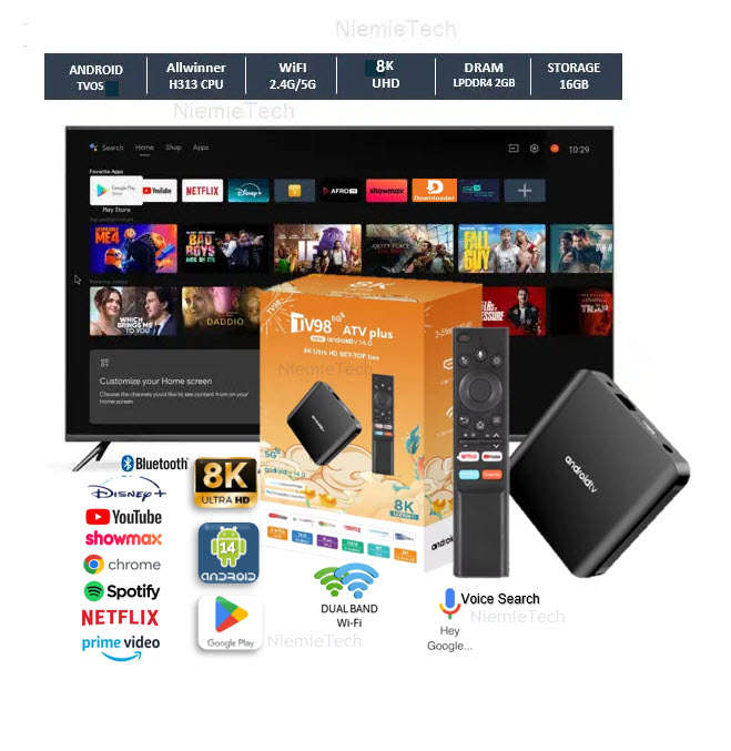 Android 14 8K TV98 with 2GB Ram TV Box & ATV OS,  H313 Cpu Dual Band WiFi, BT5.2