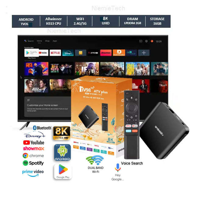 Latest Gen Android 14 8K TV98 with 2GB Ram TV Box & ATV OS,  H313 Cpu Dual Band WiFi, BT5.2