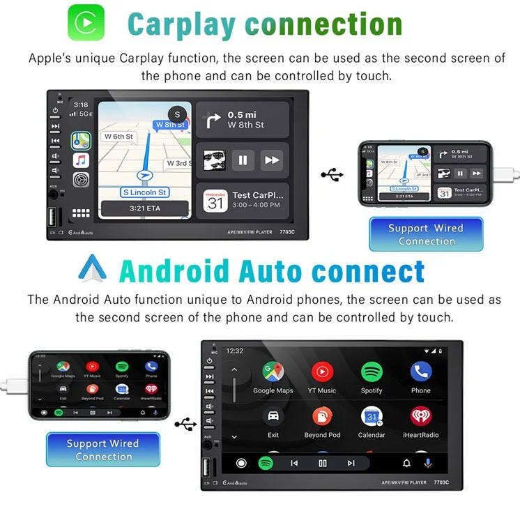 Yakoc Android Auto/Carplay Double din 7inch HD Touch Led Screen Head unit with DVR Function