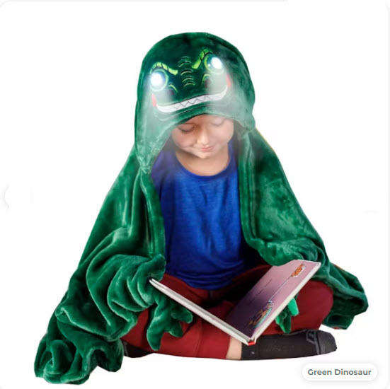 Kids Hooded Plush Blanket with LED Eyes Green
