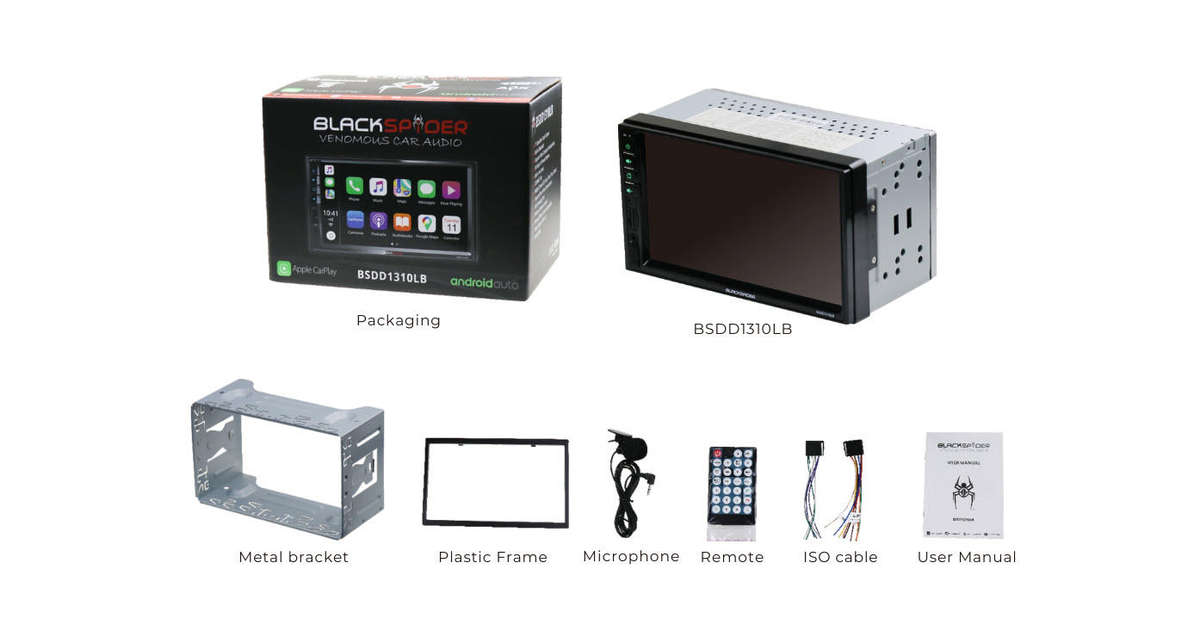 BlackSpider BSDD1310LB 2Din Bluetooth Wired Apple Carplay Android Auto Radio