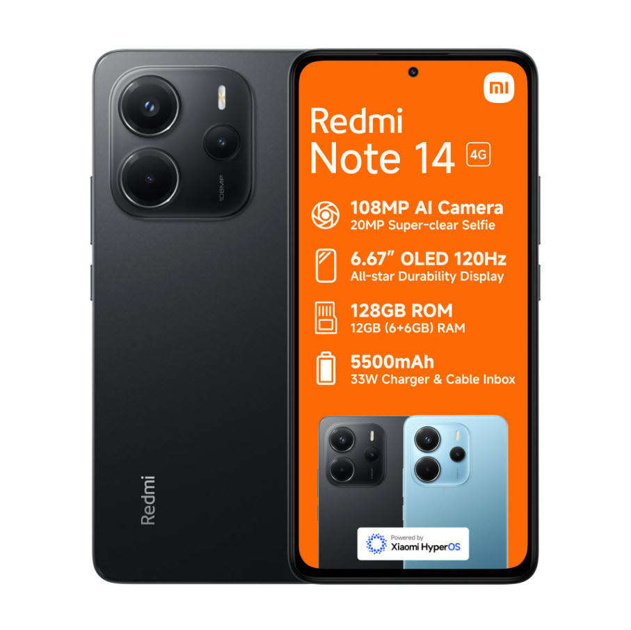 Midnight Black Xiaomi Redmi Note 14, NFC 6GB/128GB 120Hz AMOLED Screen