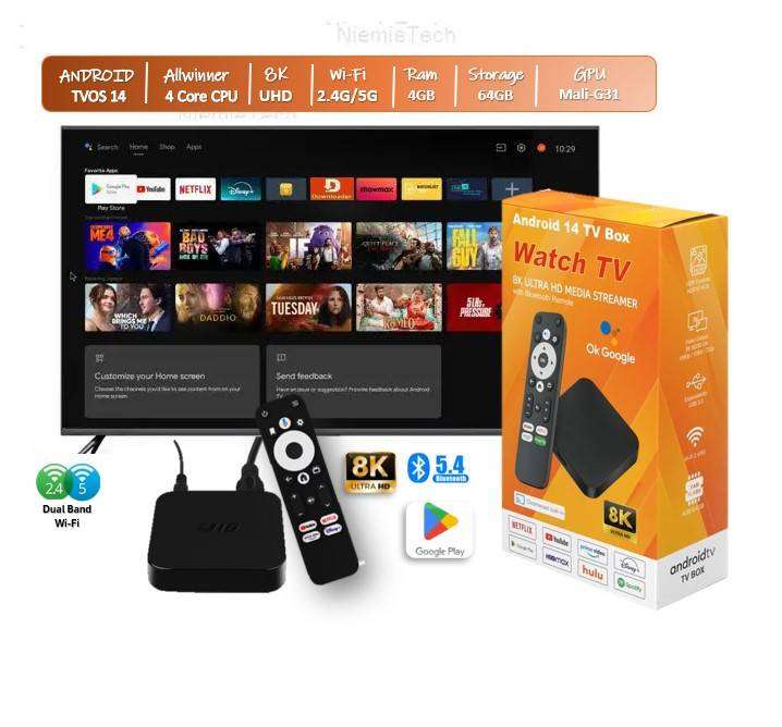 Latest Gen Android 14 TVOS 8K U16 Plus 4GB Ram with 64GB Rom Quad Core Cpu 5G WiFi, BT5.2 Tv Box