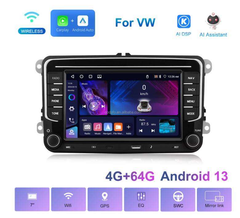 Podofo Android Car Stereo 4+64G 7'' Wireless CarPlay/Android Auto for VW