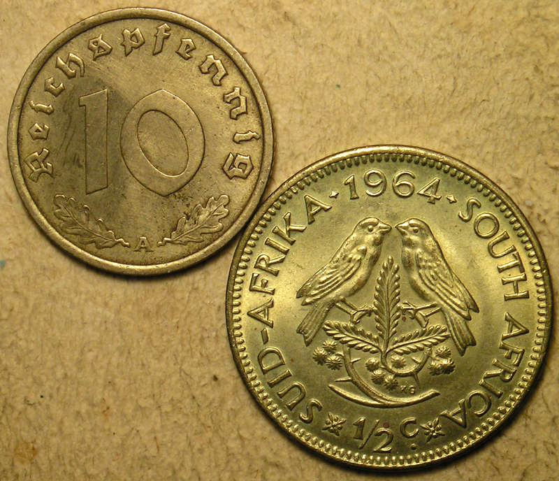 Nazi Germany: 1938 10 Pfennig + RSA: 1964 1/2 Cent * High Grade *