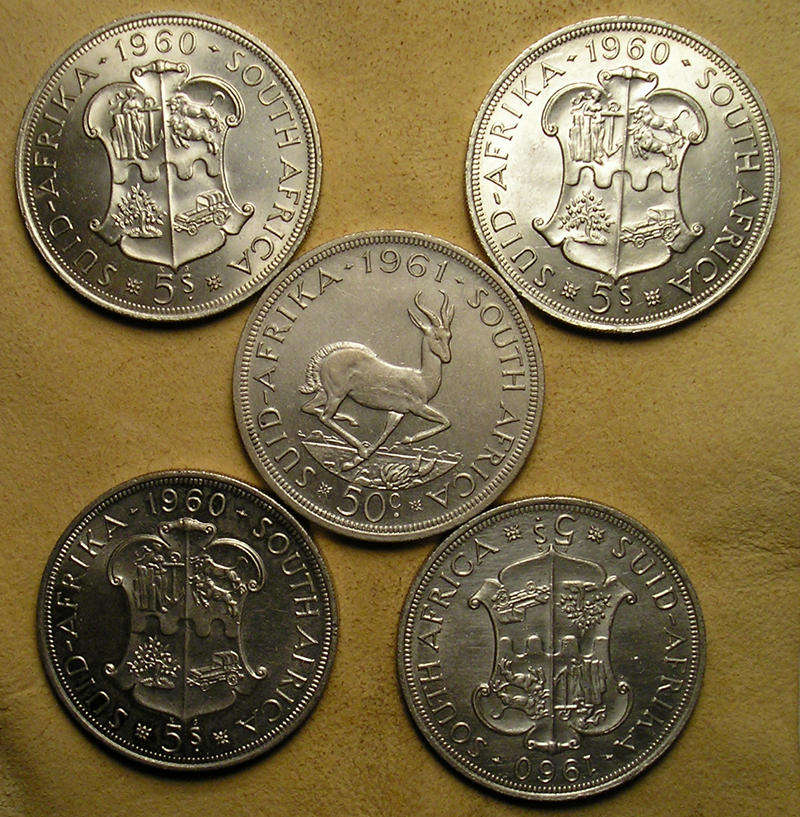 Union 4 x 1960 Silver 5 Shillings + RSA 1 x 1961 Silver 50 Cents * Bid per Coin to take all 5 *