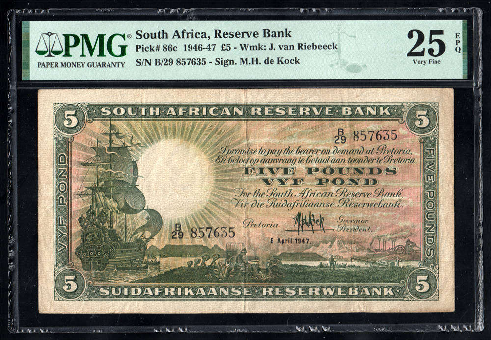 South Africa: 1947 5 Pounds Banknote *PMG VF 25 EPQ *