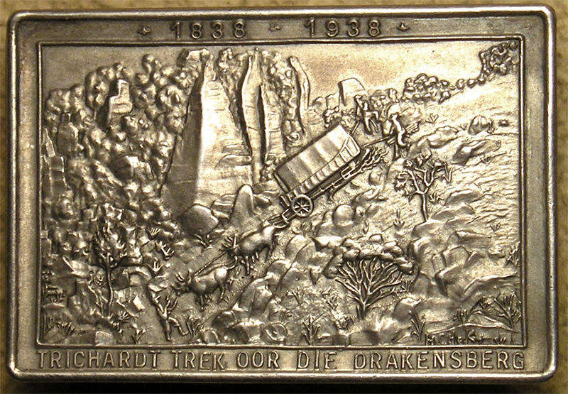 1938 Voortrekker  Centenary: Trichardt Trek, Oxwagon going down the Drakensberg Silver Badge