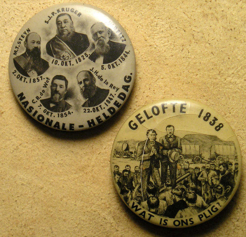 Two Photographic Tin Badges: "NASIONALE - HELDEDAG." & "GELOFTE 1838"