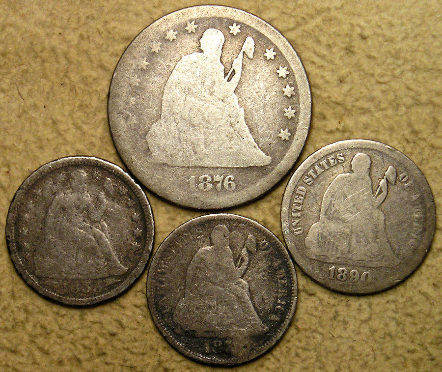 United States: Seated Liberty Silver 1876 Quarter Dollar, 1855, 187?, 1890 Dime