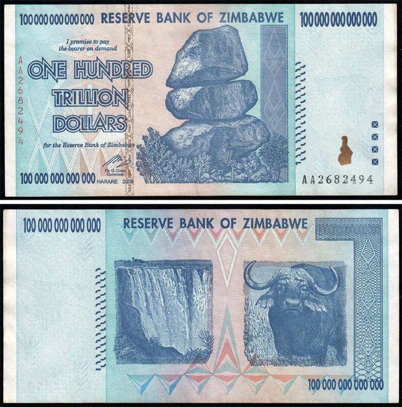 Zimbabwe 2008 100 Trillion Dollar Banknote * AU *