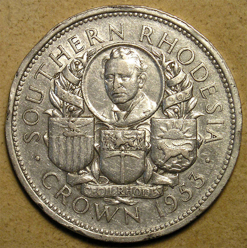 Southern Rhodesia: 1953 Queen Elizabeth II Rhodes Centenary Silver Crown (Inverted Edge Lettering)