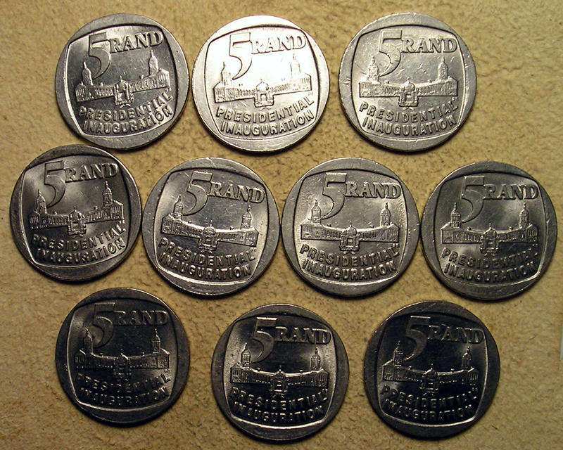 Ten (x10) 1994 Mandela Inauguration 5 Rand Coins * HIGH GRADE * Bid per Coin to Take All Ten *