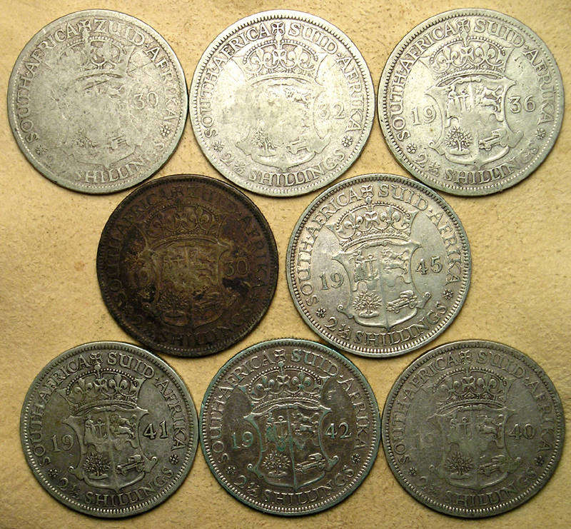 SA Union: Eight (x8) Silver (80%) 2.5 Shillings / Halfcrown * Bid per coin to take all 8 *