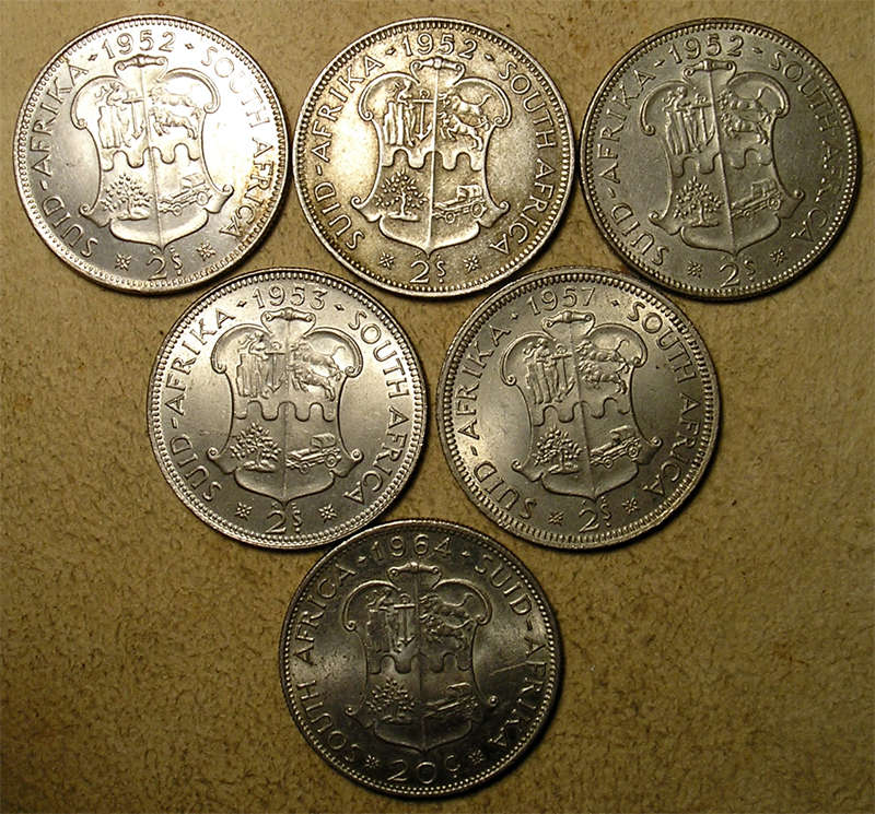 SA Union/RSA: 6 x Silver (50%) 2 Shillings/20 Cents * Bid per Coin to take All *
